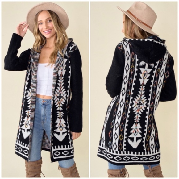 Sweaters - SOLD OUT Black Aztec Rainbow Western Hooded Knit Cardigan Long Sleeve Open